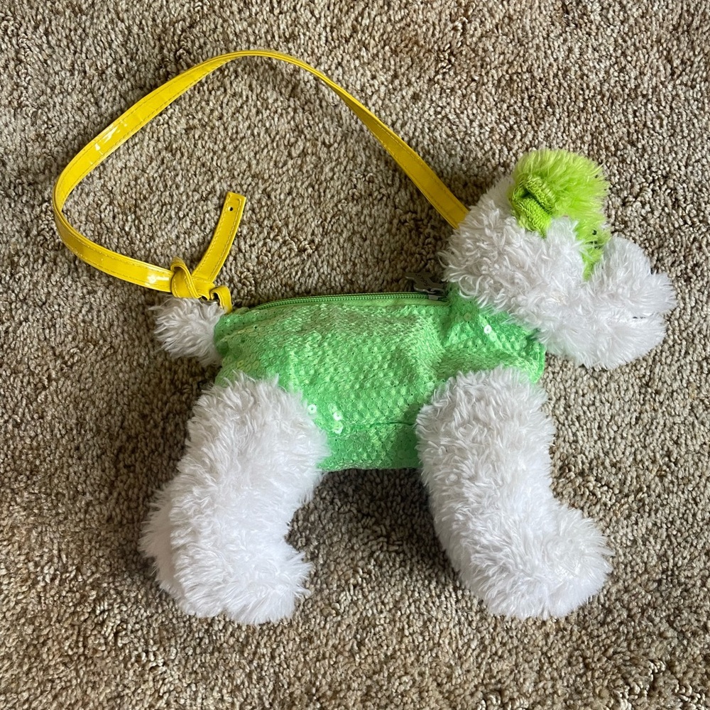 Y2K Poochie and Co Dog Purse Fluffy Zipper Collectible Girlhood Green White